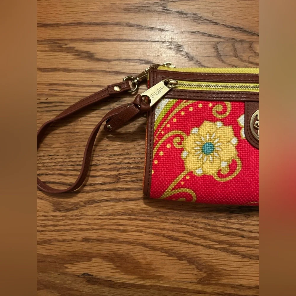 Spartina 449 Women's Red Yellow Linen & Leather Floral Wristlet W/ Gold Accents